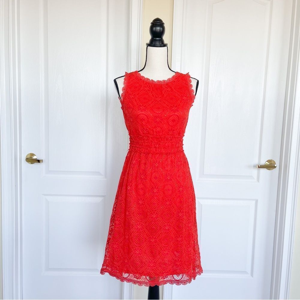 Max Studio XS Red Orange Bright Cheerful Floral Lacy Layered Sleeveless Dress